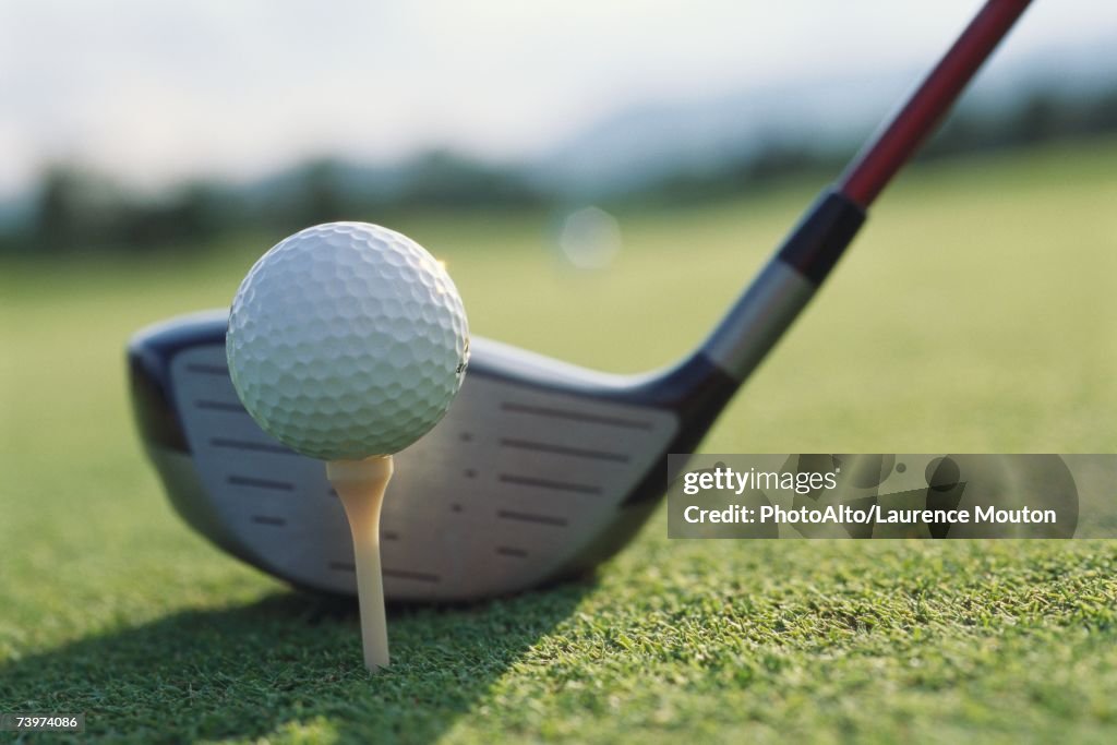 Golf club next to teed golf ball