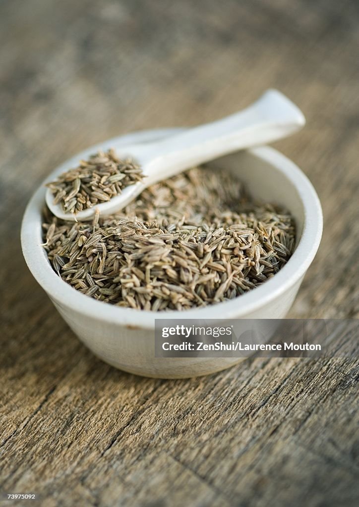 Cumin seeds in bowl, with spoon