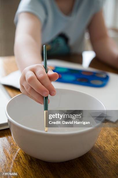 young girl rinsing a paintbrush in a bowl of water - 4 girls finger painting bildbanksfoton och bilder