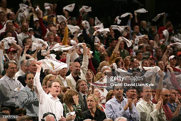 Cleveland Cavaliers' fans wave their rally towels as the Cleveland Cavaliers go on to win over the Washington Wizards in Game Two of the Eastern...