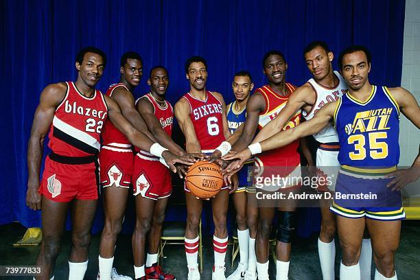 Clyde Drexler, Orlando Woolridge, Michael Jordan, Julius Erving, Terrence Stansbury, Dominique Wilkins, Larry Nance and Darrell Griffith pose for a...