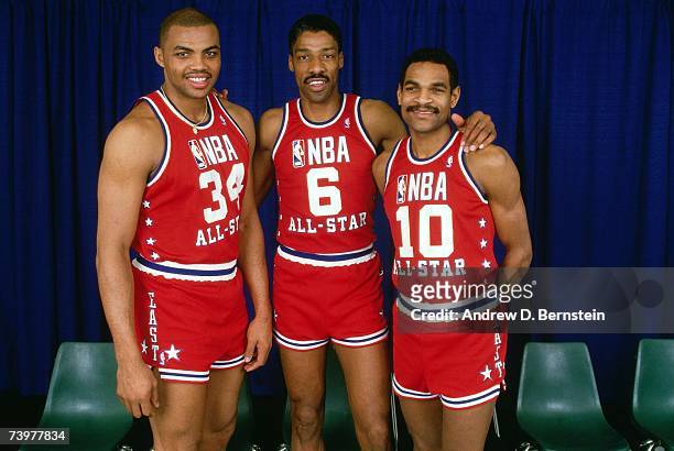 Charles Barkley, Julius Erving, and Maurice Cheeks pose for a portrait prior to the 1986 NBA All-Star Game played February 9, 1986 at Reunion Arena...