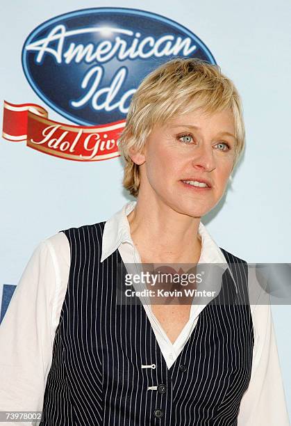 Television personality Ellen DeGeneres poses in the press room during the "American Idol Gives Back" held at the Walt Disney Concert Hall on April...