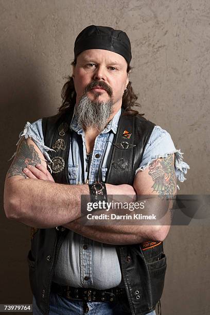 male biker with tattoos on arms, portrait - hell's angel stock pictures, royalty-free photos & images