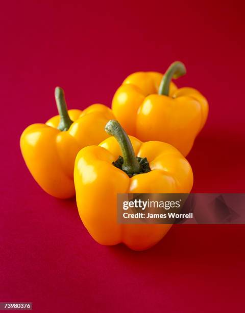 three  yellow bell peppers on red background, side view - gelbe paprika stock-fotos und bilder