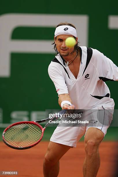 David Ferrer of Spain in action during his victory against Boris Pashanski of Serbia on Day Four of the Open Seat 2007 at the Real Club de Tennis,...