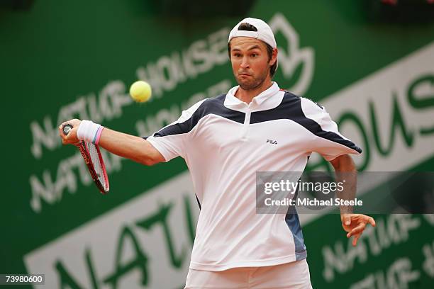 Boris Pashanski of Serbia in action during his defeat to David Ferrer of Spain on Day Four of the Open Seat 2007 at the Real Club de Tennis, April...