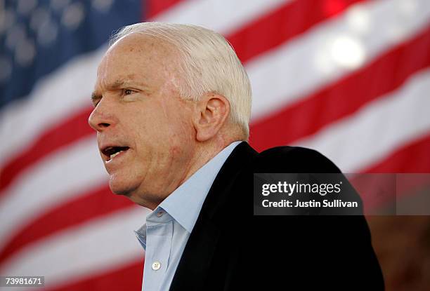 Republican presidential hopeful John McCain speaks at a rally April 26, 2007 in Greenville, South Carolina. The senator from Arizona, who made...