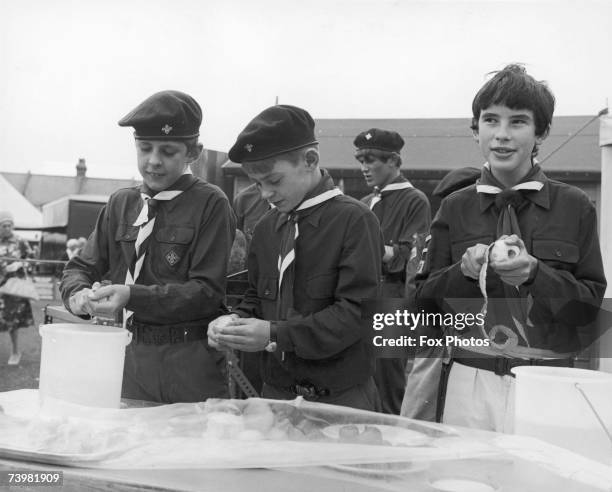 Boy Scouts of the 2nd Eastbourne Troop prepare a dinner for the Mayor of Eastbourne and his entourage, 3rd September 1969. From left to right, Gary...