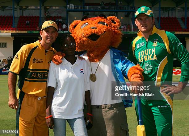 Ricky Ponting of Australia and Graeme Smith of South Africa pose with Mello and the Pepsi mascot during the ICC Cricket World Cup Semi Final match...