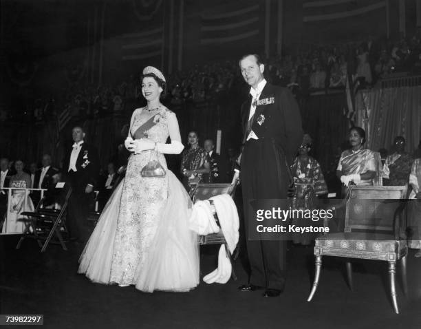 Queen Elizabeth and Prince Philip at the Commonwealth Ball at the 77th Regiment Armoury, New York, 23rd October 1957. The ball was held in their...