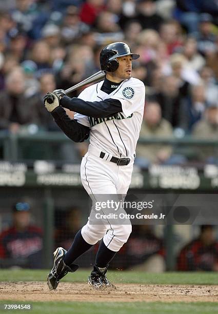 Ichiro Suzuki of the Seattle Mariners makes a hit during the game against the Minnesota Twins on April 19, 2007 at Safeco Field in Seattle,...