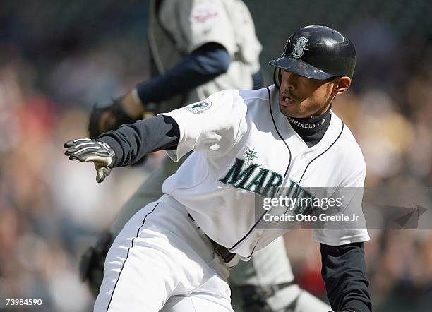 Ichiro Suzuki of the Seattle Mariners leads off base during the game against the Minnesota Twins on April 19, 2007 at Safeco Field in Seattle,...