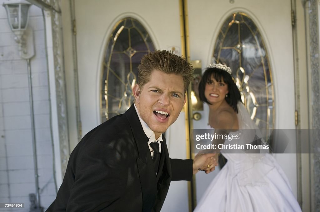 Bride dragging groom into a wedding chapel