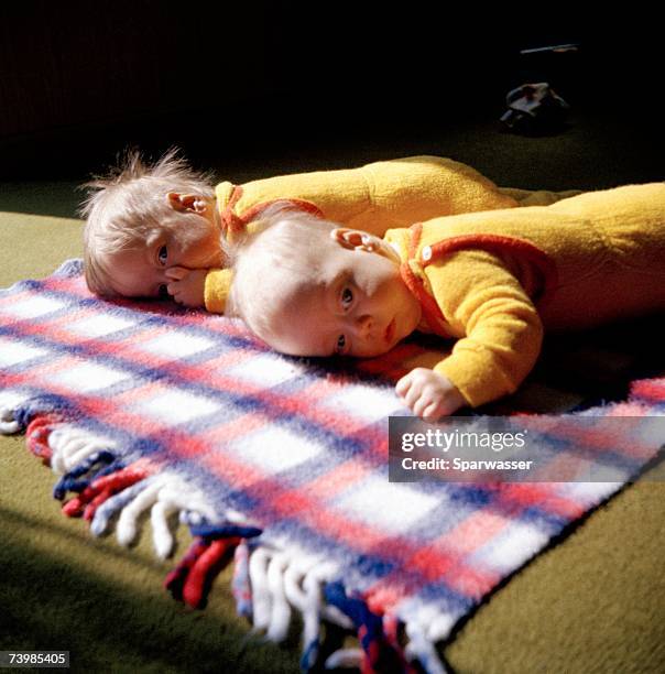 two babies lying on rug - the same old lies stock pictures, royalty-free photos & images