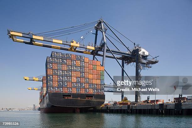 container ship below cranes at a commercial dock - shipping containers green red stock pictures, royalty-free photos & images