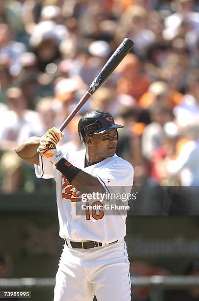 Miguel Tejada of the Baltimore Orioles bats against the Toronto Blue Jays at Camden Yards April 22, 2007 in Baltimore, Maryland.