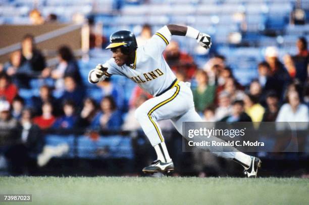 Rickey Henderson of the Oakland Athletics running to second base in a game against the Baltimore Orioles in April 1982 in Baltimore, Maryland.