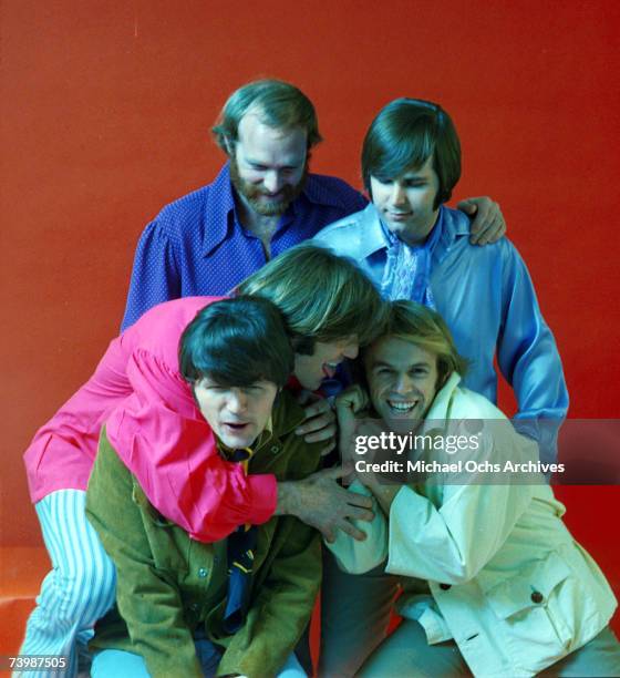 Rock and roll group "The Beach Boys" pose during a portrait session in 1968. Clockwise from top left: Mike Love, Carl Wilson, Al Jardine, Dennis...