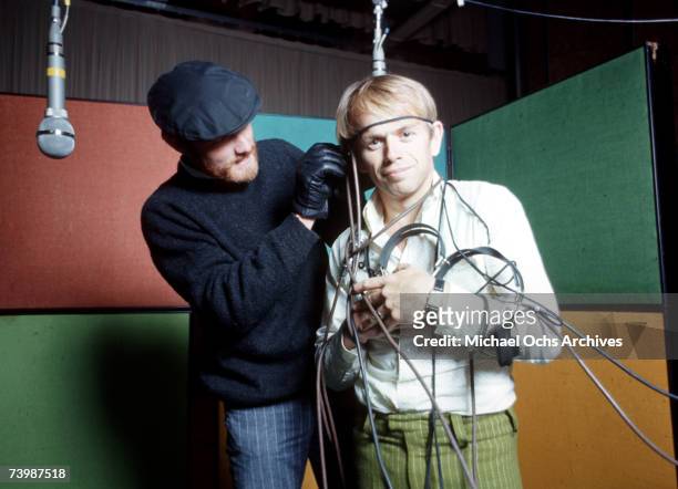 Singer Mike Love and guitarist Al Jardine of the rock and roll band "The Beach Boys" goof around while recording the never released album "Smile" in...
