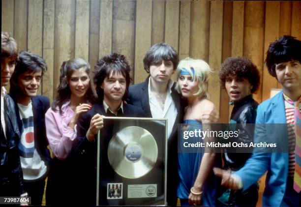 Debbie Harry, Nigel Harrison, Chris Stein, Clem Burke and Jimmy Destri of the New wave group Blondie pose for a portrait backstage of the TV show...