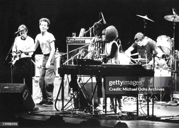 Guitarist Ricky Wilson, singer Fred Schneider, Kate Pierson, Cindy Wilson and Keith Strickland of the rock and roll band "The B-52's" perform onstage...