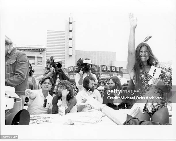 Rock and roll band "The Beach Boys" sign autographs to promote the release of their LA Light album on Hollywood Boulevard on June 4, 1979 in Los...