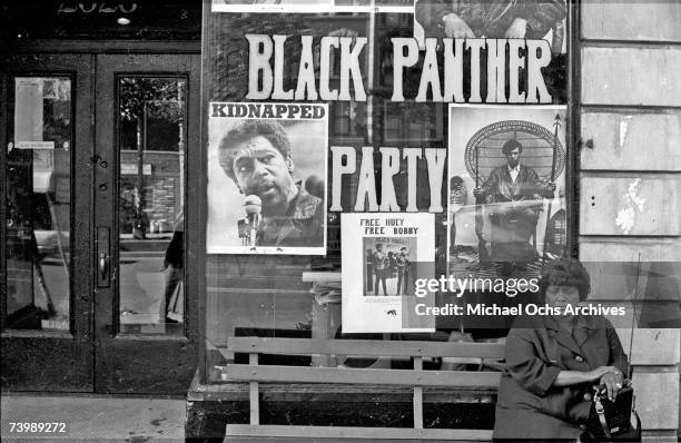 Woman sits on a bench outside the Black Panther office in Harlem circa 1970 in New York City, NY. Pictured in the window are Panther founders Huey P....