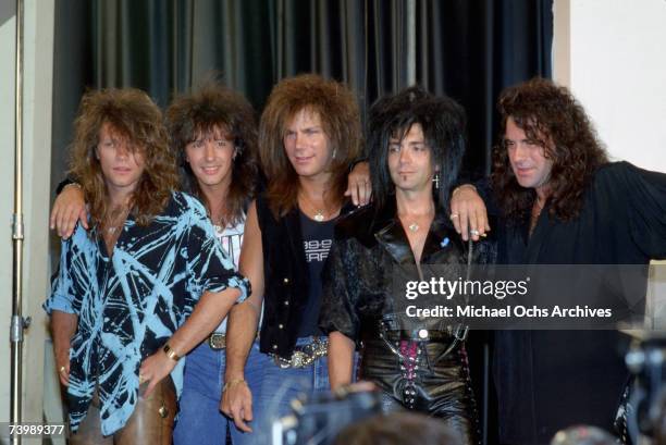 Hard rock group "Bon Jovi" pose for a portrait at a press conference in circa 1986. Jon Bon Jovi, Richie Sambora, Dave Bryan, Alec John Such, Tico...