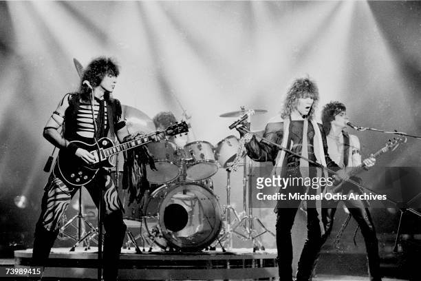 Hard rock group "Bon Jovi" performs onstage on April 4, 1984 in Los Angeles, California. Richie Sambora, Tico Torres, Jon Bon Jovi, Alec John Such.