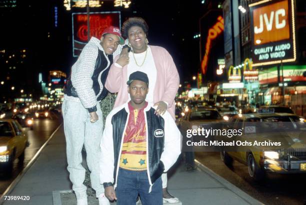 One and D-Nice pose with other members of Boogie Down Productions in Times Square in circa 1988 in New York, New York.