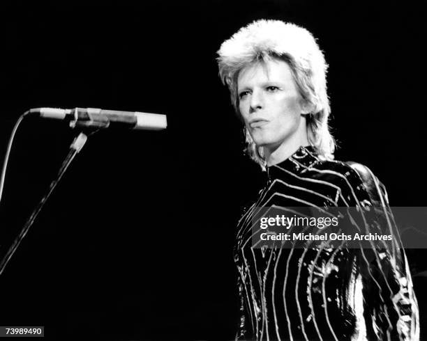 Musician David Bowie performs onstage during his "Ziggy Stardust" era in 1973 in Los Angeles, California.