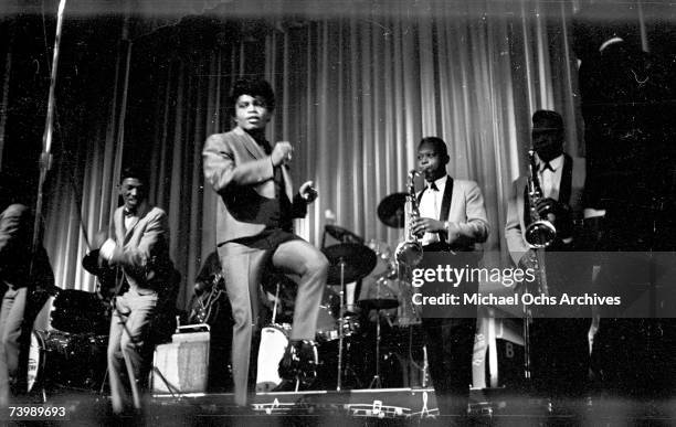 "Godfather of Soul" James Brown performs with The Famous Flames at the Apollo Theater in 1964 in New York, New York.