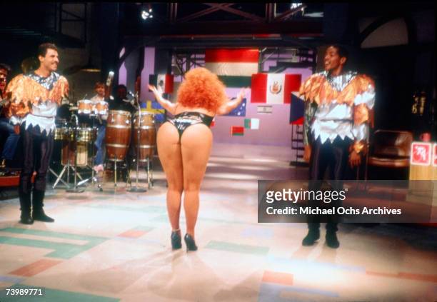Puerto Rican singer and dancer Iris Chacon performs on Late Nite with David Letterman in 1984 in New York City, New York.