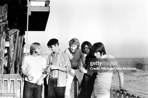 Superstar group "Buffalo Springfield" poses for a portrait on a deck overlooking the Pacific Ocean on October 30, 1967 in Malibu, California. Stephen...