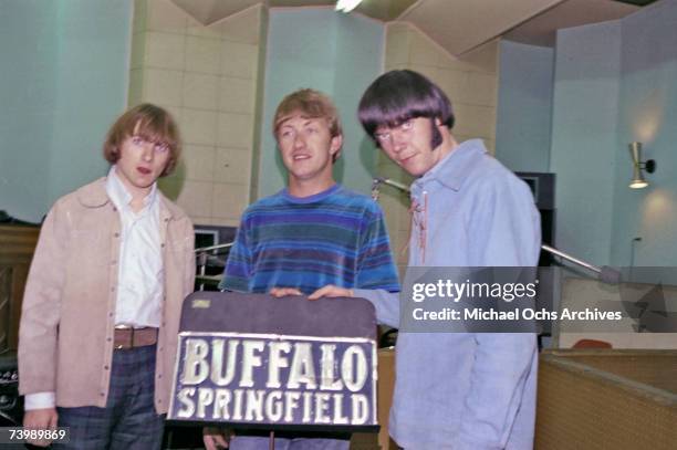 Stephen Stills, Dewey Martin and Neil Young of the superstar group "Buffalo Springfield" record at Gold Star Recording Studios in 1966 in Los...