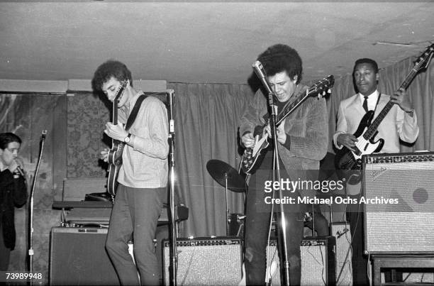 Paul Butterfield, Elvin Bishop, Mike Bloomfield and Jerome Arnold of the rock group "Butterfield Blues Band" perform at the Living End in circa 1966...