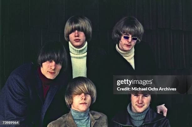 Folk rock group The Byrds Michael Clarke, Jim McGuinn, David Crosby, Chris Hillman and Gene Clark pose for a portrait circa 1965.