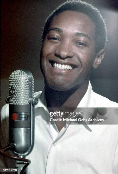 Soul singer Sam Cooke records in the RCA Studios circa 1959 in 1959 Los Angeles, California.
