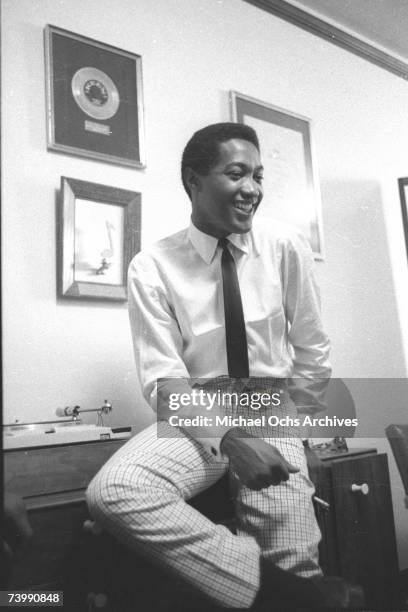 Soul singer Sam Cooke in his office at SAR Records located at 6425 Hollywood Boulevard circa 1961 in Los Angeles, California. (