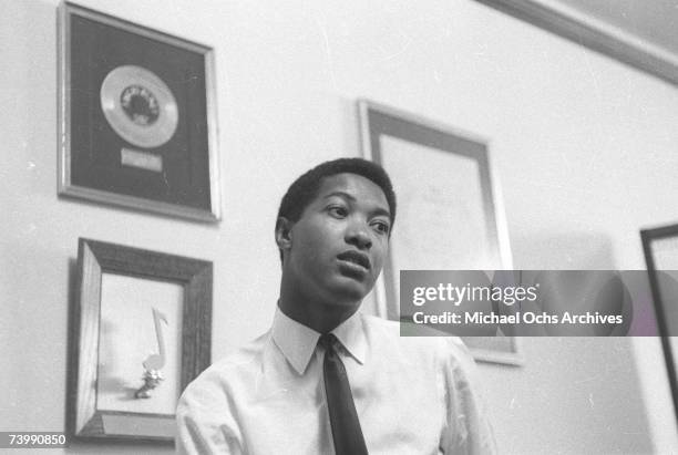 Soul singer Sam Cooke in his office at SAR Records located at 6425 Hollywood Boulevard circa 1961 in Los Angeles, California. (