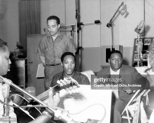 Soul singer Sam Cooke records at RCA Studios circa 1960 in Los Angeles, California.