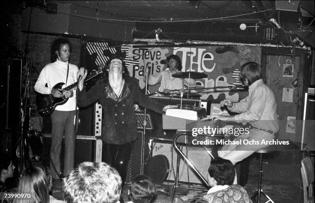 Guitarist Robby Krieger, singer Jim Morrison, drummer John Densmore and keyboardist Ray Manzarek of the rock and roll band "The Doors" perform...