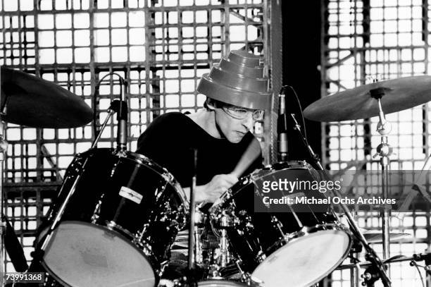 Alan Myers of the new wave punk music group "Devo" performs onstage in circa 1979 in Los Angeles, California.