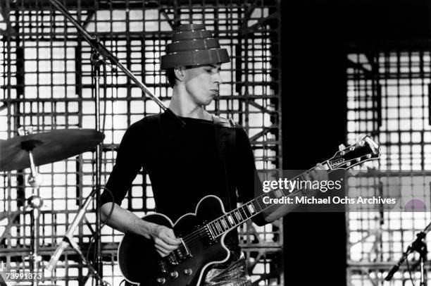 Robert Leroy "Bob" Mothersbaugh, Jr. Of the new wave punk music group "Devo" performs onstage in circa 1979 in Los Angeles, California.