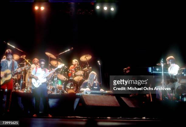 Patrick Simmons, Chet McCracken, Tiran Porter, Keith Knudsen, John McFee and Michael McDonald of the rock and roll band "The Doobie Brothers" perform...