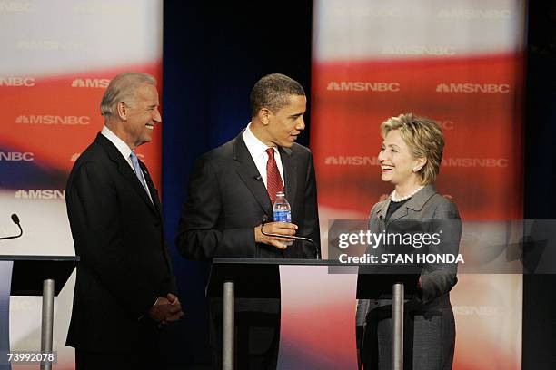 Orangeburg, UNITED STATES: Democratic presidential hopefuls US Senator Joe Biden, US Senator Barack Obama and US Senator Hillary Rodham Clinton...