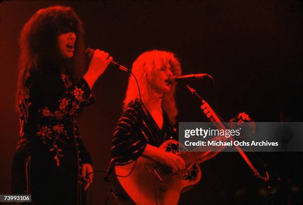 Ann Wilson and Nancy Wilson of the rock band "Heart" perform onstage in circa 1977.