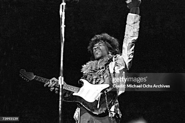 Jimi Hendrix performs onstage at the Monterey Pop Festival on June 18, 1967 in Monterey, California.