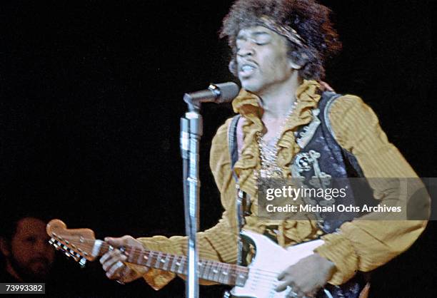 Jimi Hendrix performs onstage at the Monterey Pop Festival on June 18, 1967 in Monterey, California.